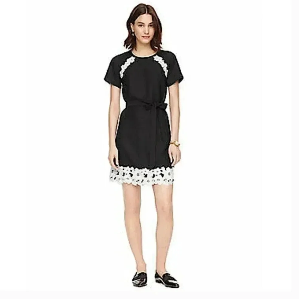 Kate Spade Dress Floral Lace Trim Crepe Short Sleeve Mini Black White Size 4